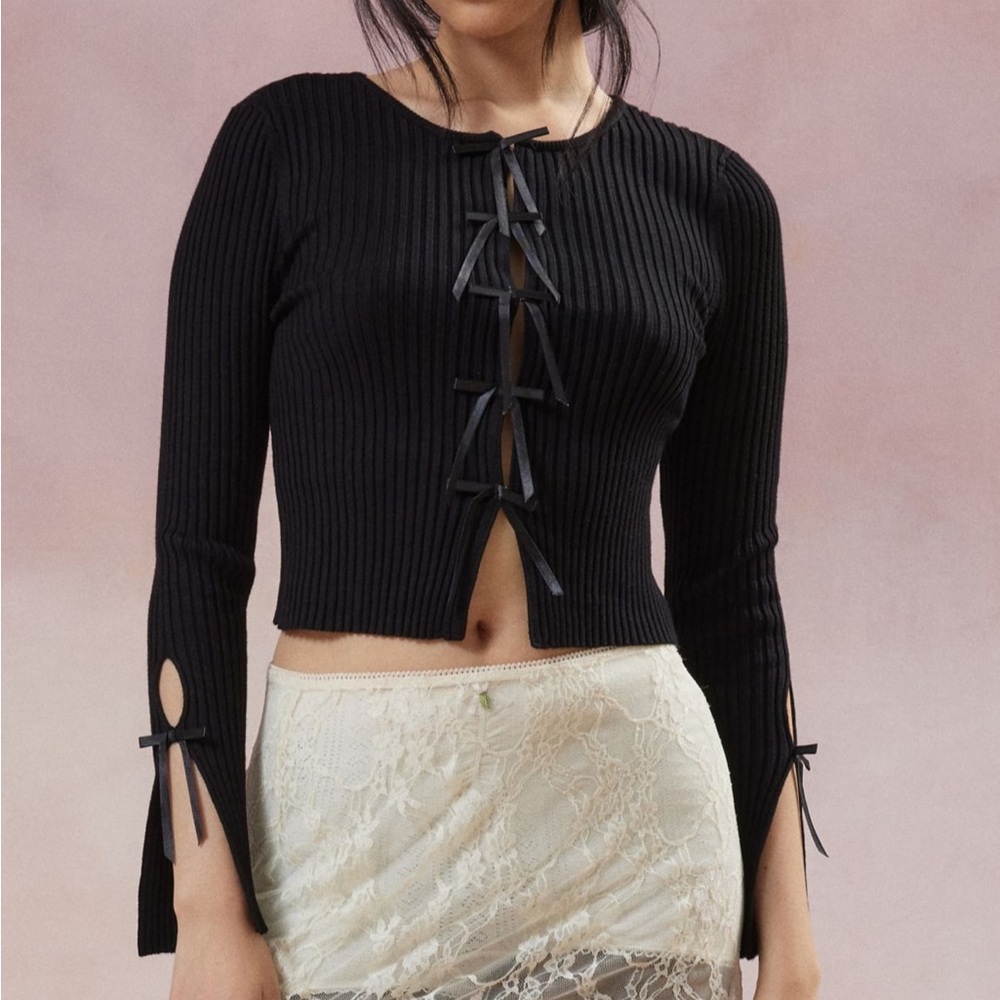 Urban Outfitters Black Ribbed Long Sleeve Top with Bows